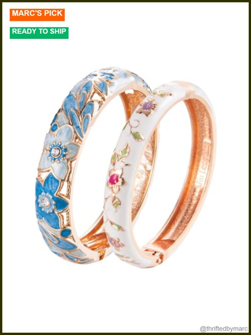 Vintage Style Enameled Rhinestone Rose Hinged Cuff Bangle Bracelets Set of 2
